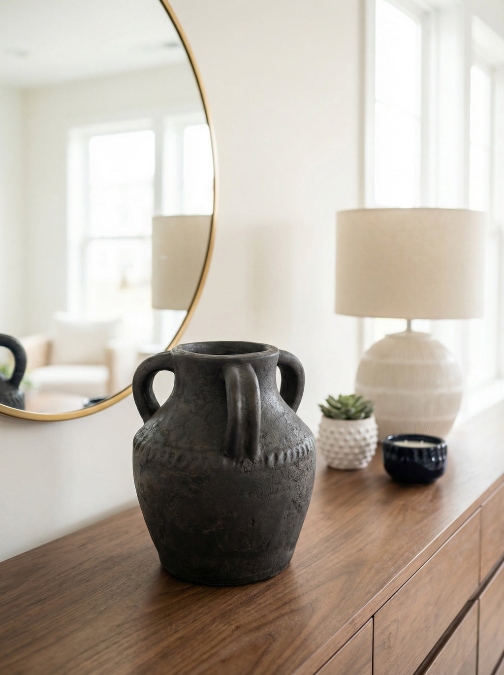 Ceramic rustic textured triple handle vase